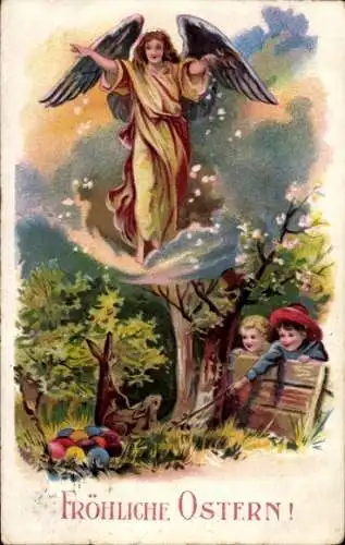 Ak Glückwunsch Ostern, Engel, Ostereier, Kinder, Osterhasen