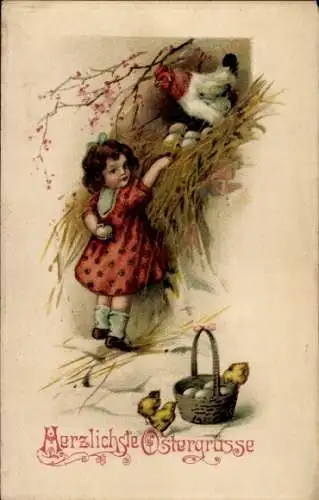 Präge Ak Glückwunsch Ostern, Mädchen, Henne, Eier, Küken