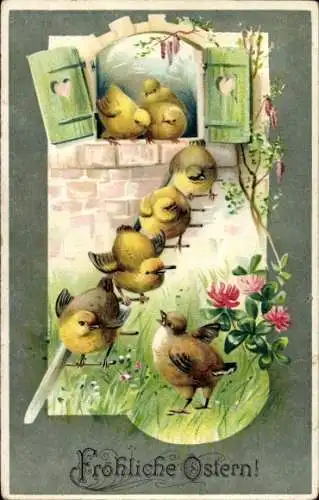 Ak Glückwunsch Ostern, Küken, Hühnerstall, Glücksklee