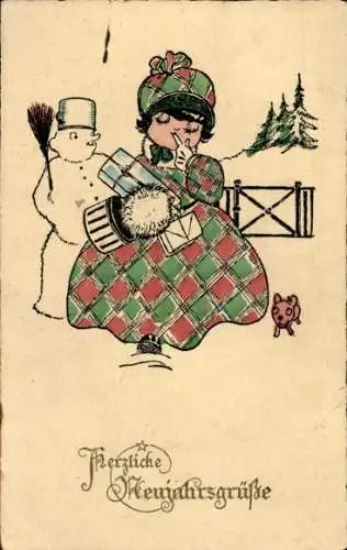 Ak Glückwunsch Neujahr, Mädchen, Geschenke, Schneemann