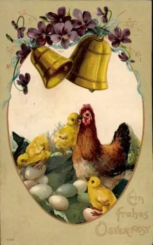 Ak Glückwunsch Ostern, Henne, Küken, Glocken, Veilchen