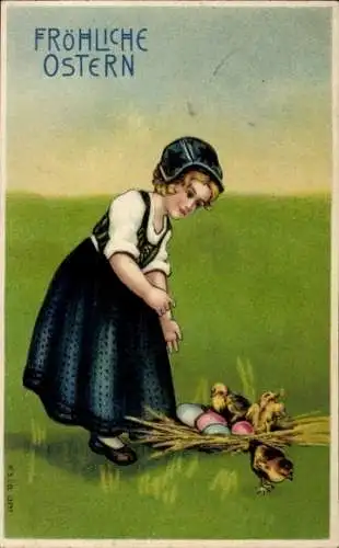 Ak Glückwunsch Ostern, Mädchen, Küken, Ostereier