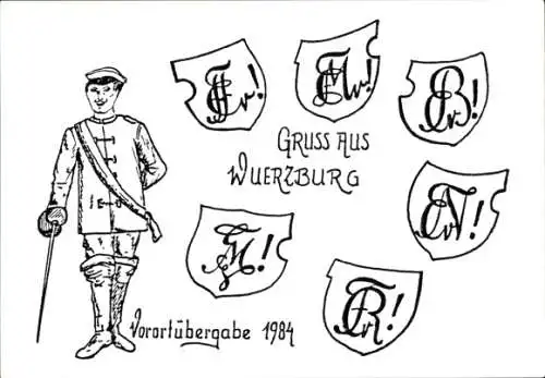Studentika Ak Würzburg, Vorortübergabe 1984, Corpswappen, Student
