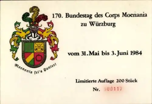 Ak Würzburg am Main Unterfranken, Wappen, 170. Bundestag des Corps Moenania, 1984