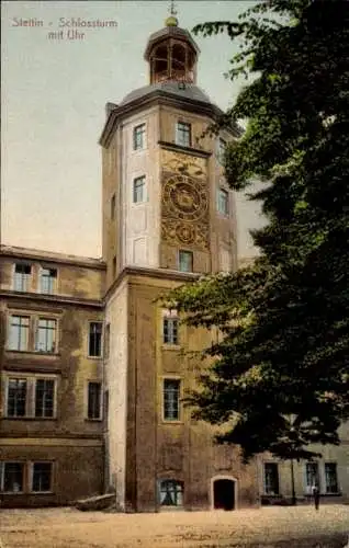 Ak Szczecin Stettin Pommern, Blick auf den Schlossturm mit Uhr