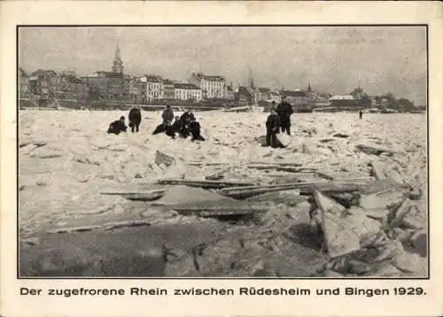 Ak Rüdesheim am Rhein, Rheinübergang 1929, Zugefrorener Rhein, Erinnerung