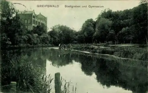 Ak Hansestadt Greifswald, Stadtgraben und Gymnasium
