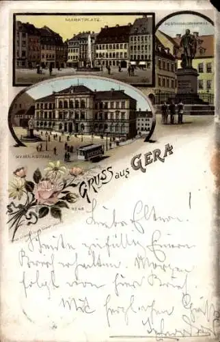 Litho Gera in Thüringen, Marktplatz, Posthumusdenkmal, Gymnasium