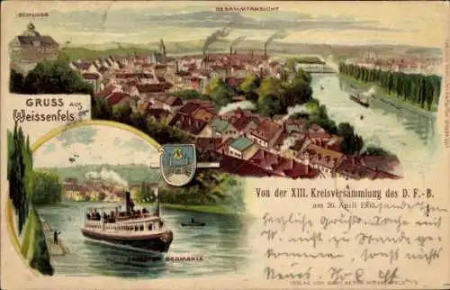 Litho Weißenfels an der Saale, Dampfer Germania, Schloss, Panorama