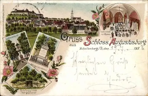 Litho Schellenberg Leubsdorf in Sachsen, Schloss Augustusburg, Schlosshof, Kriegerdenkmal