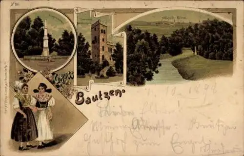 Litho Bautzen in der Lausitz, Kriegerdenkmal, Aussichtsturm, Abgott Flinz