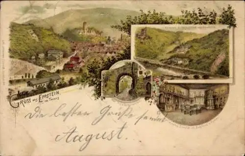 Litho Eppstein Taunus Hessen, Totalansicht, Bergpark Herm. Alfred, Tor der Burg, Altdeutsches Zimmer