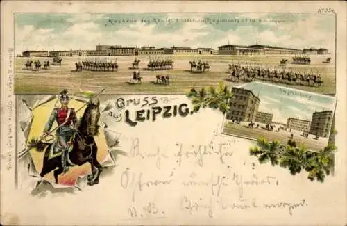 Litho Leipzig, Gesamtansicht, Kaserne, Ulanen-Regiment