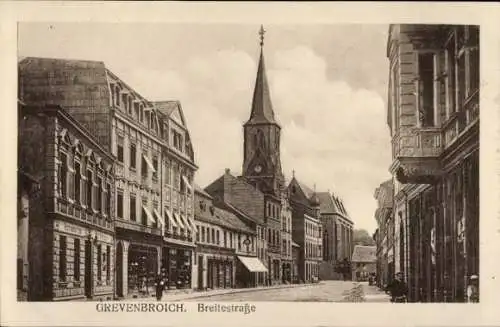 Ak Grevenbroich am Niederrhein, Breitestraße, Geschäfte, Kirchturm