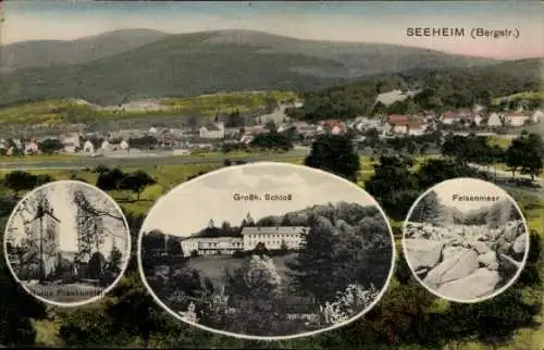 Ak Seeheim Bergstraße, Blick auf den Ort mit Umgebung, Ruine Frankenstein, Schloss, Felsenmeer