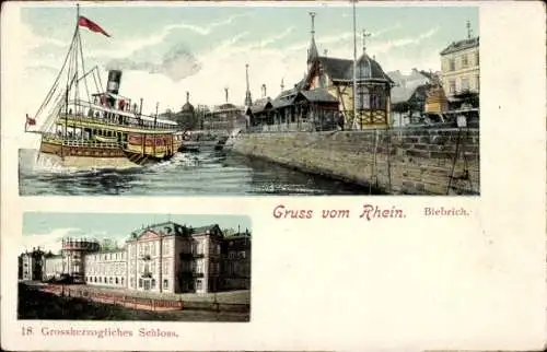 Ak Biebrich am Rhein Wiesbaden, Großherzogliches Schloss, Salondampfer