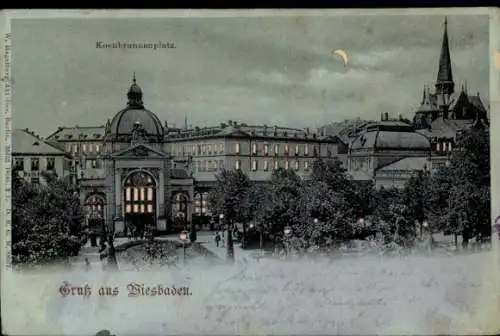 Mondschein Litho Wiesbaden in Hessen, Kochbrunnenplatz bei Nacht