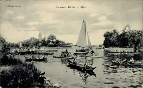 Ak Berlin Friedrichshain Stralau, Stralauer Kirche, Abtei, Oberspree