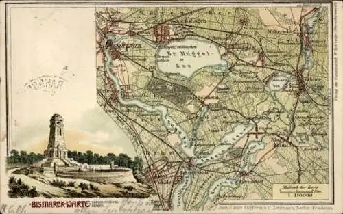Landkarten Litho Berlin Köpenick, Bismarckwarte auf den Müggelbergen, Friedrichshagen, Wernsdorf