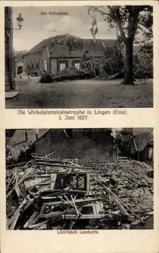 Ak Lingen im Emsland, Wirbelsturmkatastrophe 1. Juni 1927, Schulplatz, Likörfabrik Lambertia