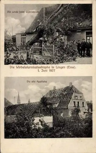 Ak Lingen im Emsland, Wirbelsturmkatastrophe 1. Juni 1927, Linde beim Gymnasium, Apotheke