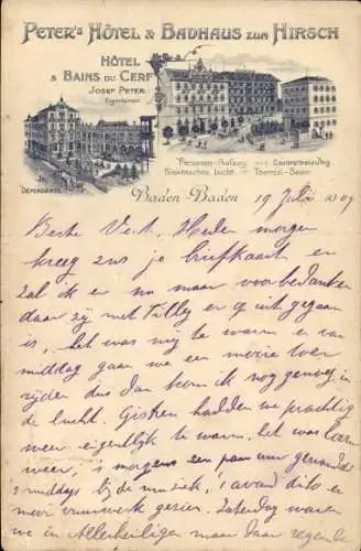 Litho Baden Baden am Schwarzwald, Peters Hotel, Badhaus zum Hirsch