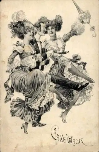 Künstler Ak Tanzende Frauen und Mann, Cancan