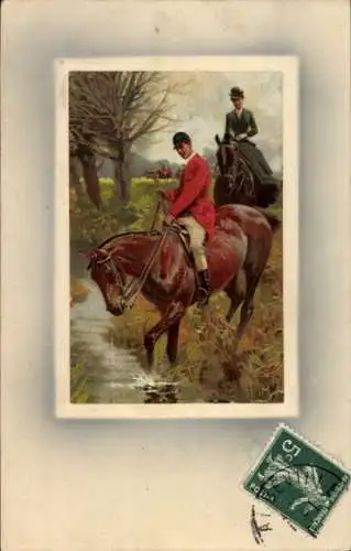 Präge Ak Paar macht einen Ausritt, Fluss, Pferde