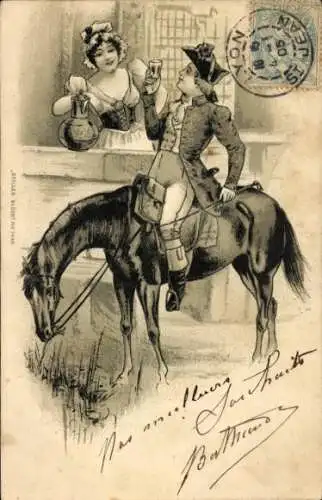 Ak Reiter mit Weinglas, Frau mit Weinkrug