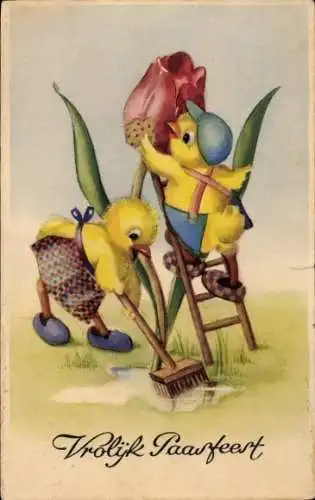 Ak Frohe Ostern, Küken, Tulpe