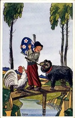 Künstler Ak Guth, Ostern, Junge mit Osterei, Hahn