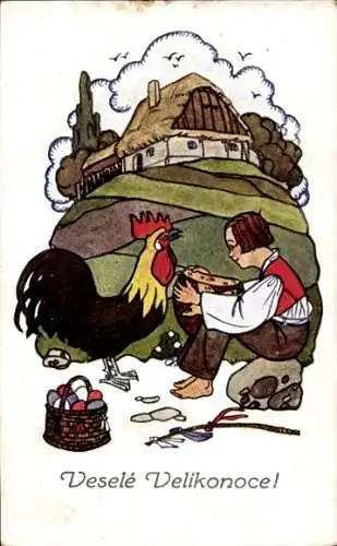 Ak Glückwunsch Ostern, Junge, Hahn, Ostereier