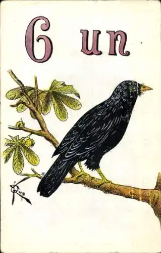 Künstler Ak Schwarzer Vogel am Baum
