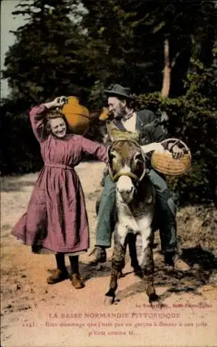 Ak Normandie, Esel, Frau mit Wasserkrug