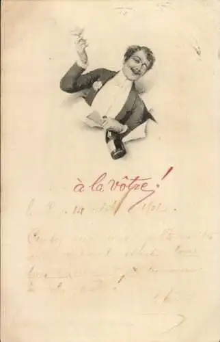 Ak Prost, Mann mit Sektglas, Sektflasche