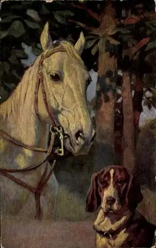 Künstler Ak Pferd, Hund, Tierportrait