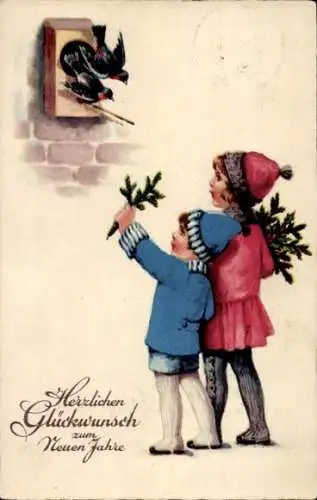 Ak Fröhliches Neujahr, Kinder, Vogelhaus