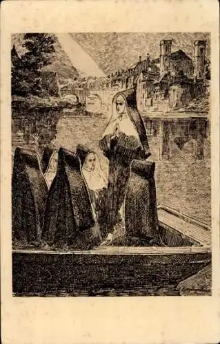 Künstler Ak Jeanne Antide, Nonnen beten auf einem Boot auf dem Doubs