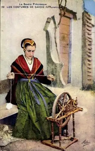 Ak Tarentaise Savoie, Eine junge Frau in Tracht mit Spinnrad