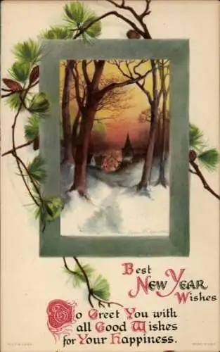 Passepartout Ak Glückwunsch Neujahr, Dorfidyll