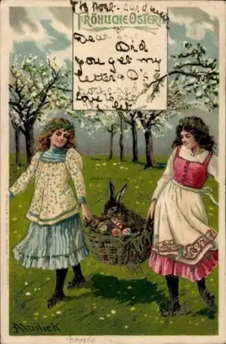 Künstler Ak Mailick, Glückwunsch Ostern, zwei Mädchen, Osterhase