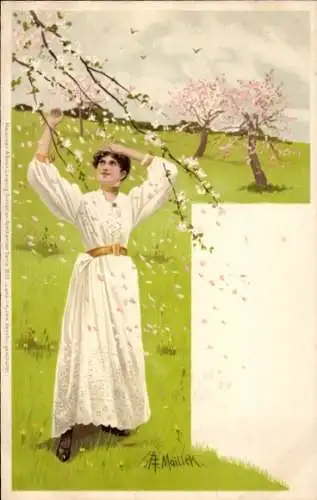 Künstler Ak Mailick, Frau im weißen Kleid unter blühenden Bäumen