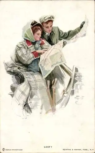 Künstler Ak Mann und Frau schauen auf eine Straßenkarte