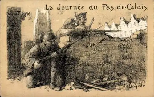 Künstler Ak Pas de Calais, Schlachtfeld, Soldat, Gewehr, I. WK