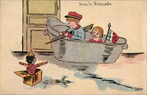 Künstler Ak Kinder in der Badewanne, Junge in Uniform, Französische Fahne, Spielzeug