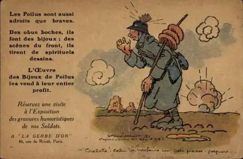 Ak Soldat mit Stück Flasche geschlagen, Humor