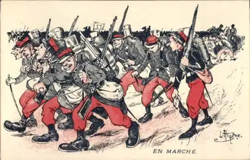 Künstler Ak Französische Soldaten marschieren, Gewehr, Uniformen