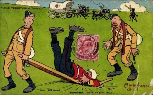 Künstler Ak Browne, T., Tollpatschige Sanitäter, Mann liegt auf dem Boden