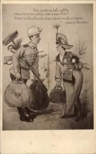 Ak Mann mit Nachttopf auf dem Kopf, Besen, Säcke, Gespräch mit einer Frau