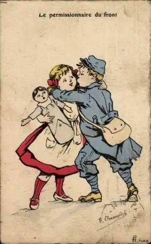 Künstler Ak Kinder, Junge in Uniform, Kuss, Liebespaar, Mädchen mit Puppe